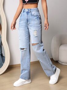 SHEIN PETITE Jeans de pierna recta desgarro