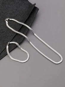 1set Large Size Colorfast & New Style Flat Snake Chain Necklace And Bracelet Set - Silver - View 1