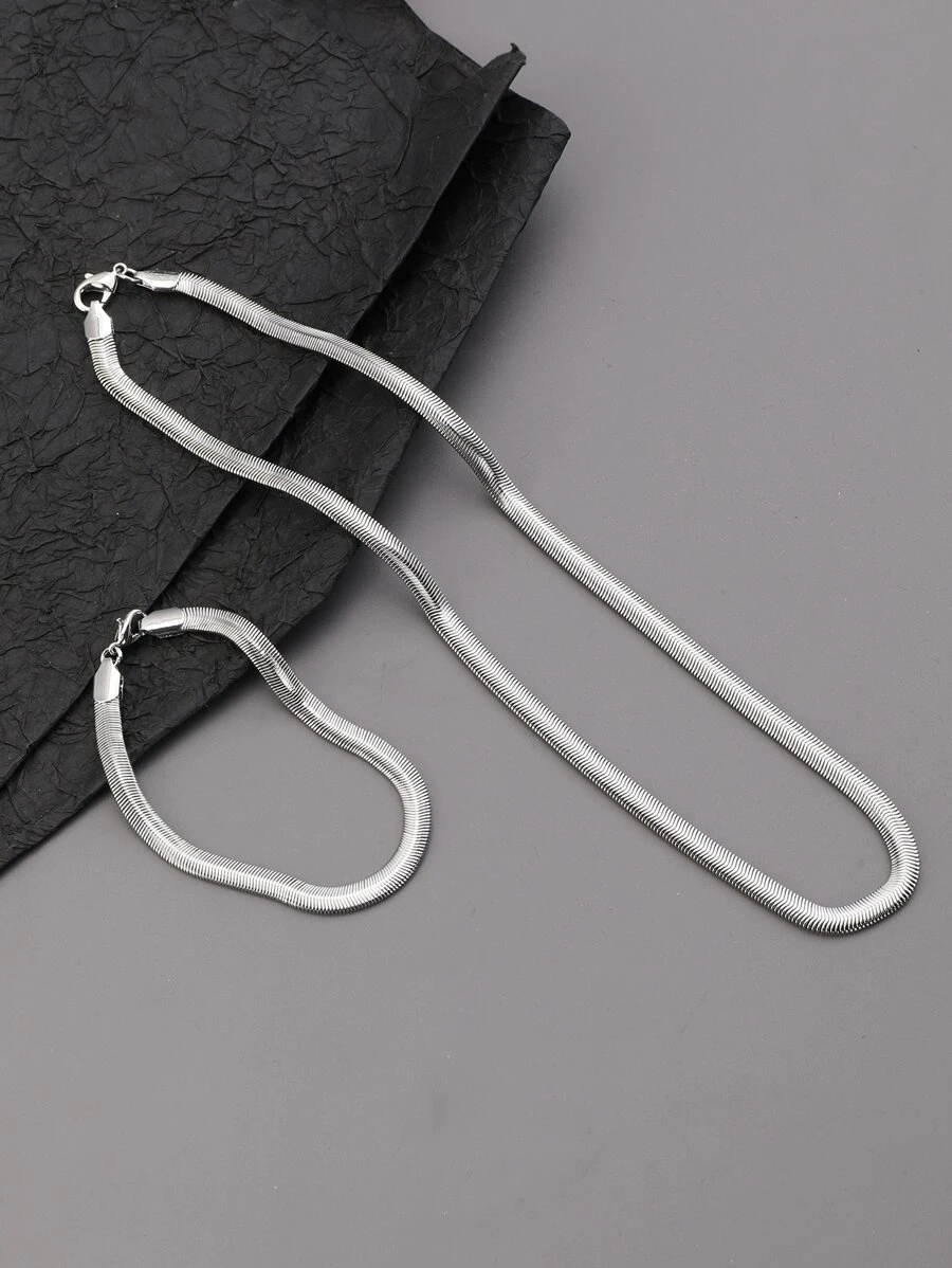 1set Large Size Colorfast & New Style Flat Snake Chain Necklace And Bracelet Set - Silver - View 1