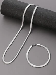 1set Large Size Colorfast & New Style Flat Snake Chain Necklace And Bracelet Set - Silver - View 4