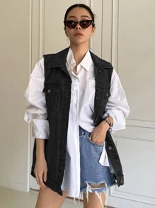 DAZY Single Breasted Sleeveless Denim Coat Women Jacket,Fall Women Clothes - Black - View 2