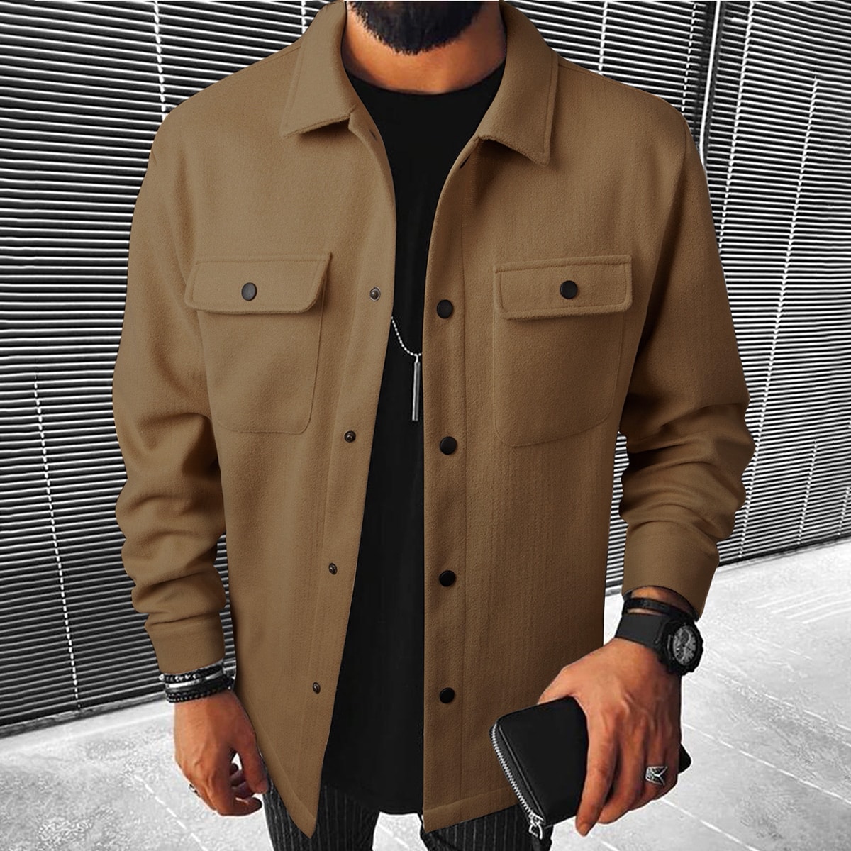 Abrigo largo de manga larga con botones y bolsillo con solapa para hombre, otoño e invierno