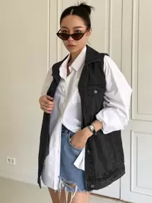 DAZY Single Breasted Sleeveless Denim Coat Women Jacket,Fall Women Clothes - Black - View 4