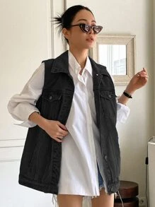 DAZY Single Breasted Sleeveless Denim Coat Women Jacket,Fall Women Clothes - Black - View 5