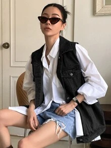 DAZY Single Breasted Sleeveless Denim Coat Women Jacket,Fall Women Clothes - Black - View 6