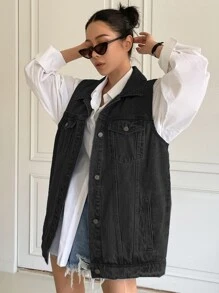 DAZY Single Breasted Sleeveless Denim Coat Women Jacket,Fall Women Clothes - Black - View 8