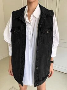 DAZY Single Breasted Sleeveless Denim Coat Women Jacket,Fall Women Clothes - Black - View 9