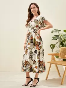 EMERY ROSE 熱帶圖案蝴蝶袖洋裝 - 彩色 - 查看 4