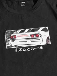Manfinity RebelGame T-shirt Imprimé Pour Homme À Coupe Ample, Lettres Japonaises Et Voiture Imprimée