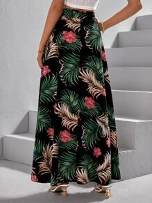 SHEIN VCAY Tropical Print Wrap Hem Skirt - Multicolor - View 3