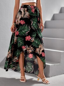 SHEIN VCAY Tropical Print Wrap Hem Skirt - Multicolor - View 5