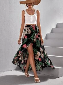 SHEIN VCAY Tropical Print Wrap Hem Skirt - Multicolor - View 1