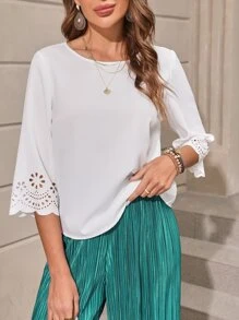 SHEIN Clasi Solid Laser Cut Blouse - White - View 1