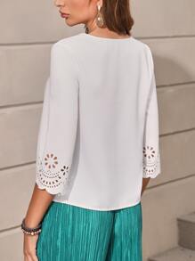 SHEIN Clasi Solid Laser Cut Blouse - White - View 3