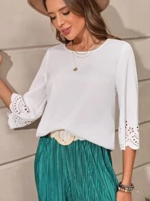 SHEIN Clasi Solid Laser Cut Blouse - White - View 6