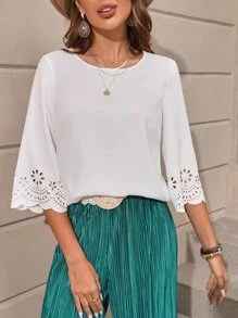 SHEIN Clasi Solid Laser Cut Blouse - White - View 2