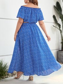 SHEIN VCAY 大碼碎花一字肩短款上衣和高衩半身裙 - 藍白色 - 查看 2