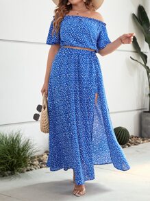 SHEIN VCAY 大碼碎花一字肩短款上衣和高衩半身裙 - 藍白色 - 查看 1