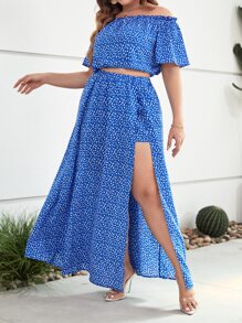 SHEIN VCAY 大碼碎花一字肩短款上衣和高衩半身裙 - 藍白色 - 查看 5