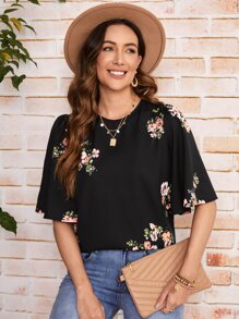 SHEIN LUNE Floral Print Butterfly Sleeve Top - Black - View 1