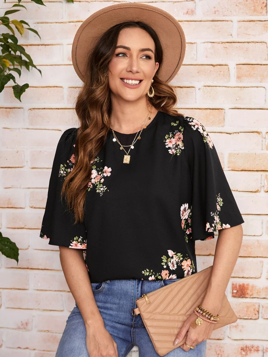 SHEIN LUNE Floral Print Butterfly Sleeve Top - Black - View 1