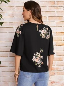 SHEIN LUNE Floral Print Butterfly Sleeve Top - Black - View 2