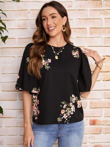 SHEIN LUNE Floral Print Butterfly Sleeve Top - Black - View 4