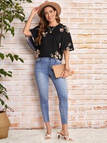 SHEIN LUNE Floral Print Butterfly Sleeve Top - Black - View 5