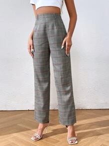 SHEIN Essnce High Waist Plaid Straight Leg Trousers - Grey - View 1