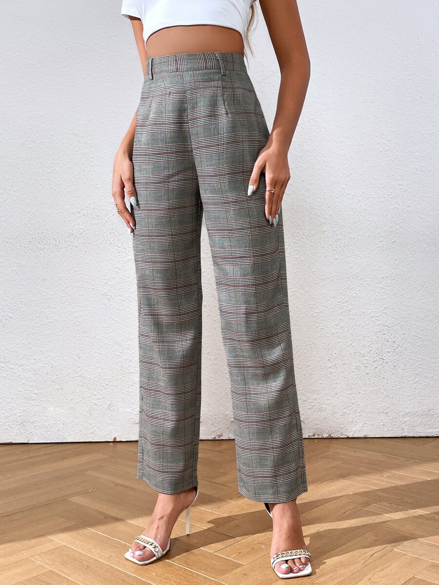SHEIN Essnce High Waist Plaid Straight Leg Trousers - Grey - View 1