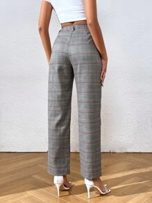 SHEIN Essnce High Waist Plaid Straight Leg Trousers - Grey - View 2