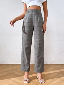 SHEIN Essnce High Waist Plaid Straight Leg Trousers - Grey - View 3