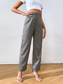 SHEIN Essnce High Waist Plaid Straight Leg Trousers - Grey - View 4