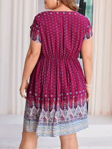 SHEIN VCAY Plus Geo Print Petal Sleeve Dress - Multicolor - View 2