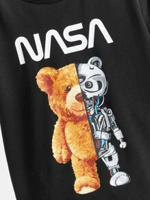 SHEIN 男孩休閒寬鬆舒適機械熊圖案短袖上衣