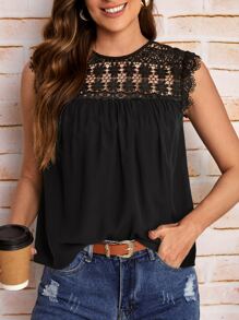 SHEIN LUNE 拼接水溶蕾絲後鎖孔襯衫 - 黑色 - 查看 5