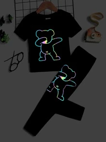 SHEIN Toddler Boys Reflective Bear Print Snug Fit PJ Set - Black - View 1