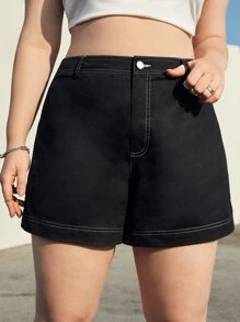SHEIN EZwear Quần Short kích thước lớn Nút Túi Dây kéo màu trơn Giải trí - màu đen - Xem 1