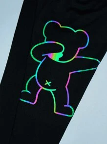 SHEIN Toddler Boys Reflective Bear Print Snug Fit PJ Set - Black - View 5