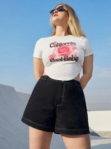 SHEIN EZwear Quần Short kích thước lớn Nút Túi Dây kéo màu trơn Giải trí - màu đen - Xem 2