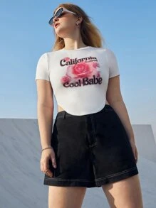 SHEIN EZwear Quần Short kích thước lớn Nút Túi Dây kéo màu trơn Giải trí - màu đen - Xem 3