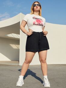 SHEIN EZwear Quần Short kích thước lớn Nút Túi Dây kéo màu trơn Giải trí - màu đen - Xem 4