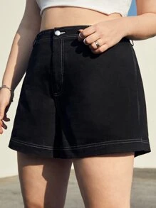 SHEIN EZwear Quần Short kích thước lớn Nút Túi Dây kéo màu trơn Giải trí - màu đen - Xem 5