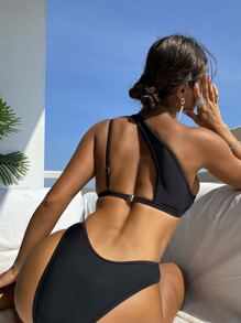 Contrast Sequin One Shoulder Summer Beach Bikini Set - Multicolor - View 2