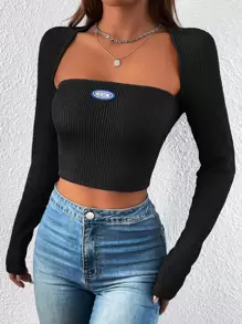 SHEIN EZwear Letter Patched Detail Tube Top & Bolero - Black - View 1