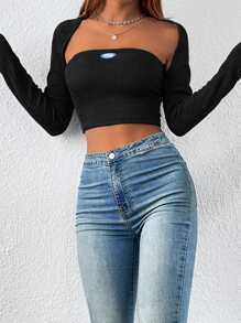 SHEIN EZwear Letter Patched Detail Tube Top & Bolero - Black - View 3