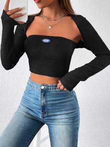 SHEIN EZwear Letter Patched Detail Tube Top & Bolero - Black - View 4