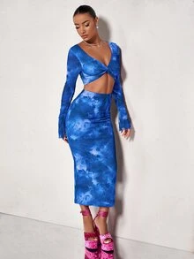 SHEIN BAE 紮染前扭結短款上衣和鉛筆裙 - 藍色 - 查看 3