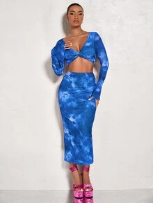 SHEIN BAE 紮染前扭結短款上衣和鉛筆裙 - 藍色 - 查看 4