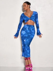 SHEIN BAE 紮染前扭結短款上衣和鉛筆裙 - 藍色 - 查看 5